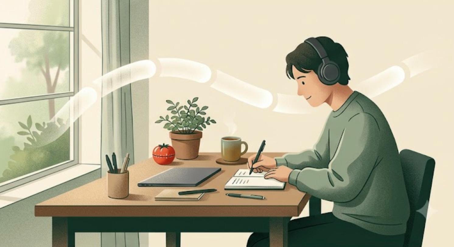Illustration of a young person in headphones writing at a sunny desk with a tomato-shaped timer, as a ribbon of light broken into short segments curves above them