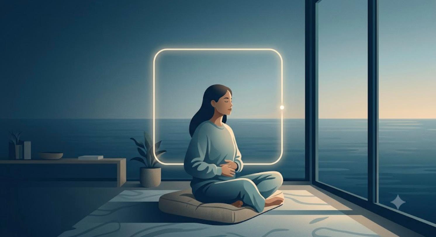 Illustration of a woman meditating cross-legged by a window overlooking the sea at dusk, inside a softly glowing square of light with a dot tracing its edge